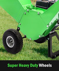 Close-up of 7HP Gas Powered Wood Chipper With Three Inch Max Cutting Diameter All Steel Construction showing heavy duty wheel.