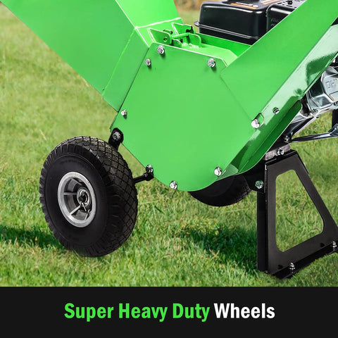 Close-up of 7HP Gas Powered Wood Chipper With Three Inch Max Cutting Diameter All Steel Construction showing heavy duty wheel.