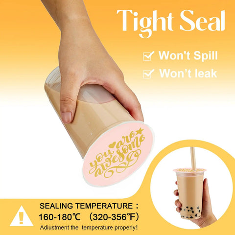 Two Roll Cup Sealer Film Sealing Machines 90-105 Mm Fits 16 Oz Cups Bubble Tea Coffee Juice Soda Cafes Restaurants Motivational Style Printed Roll Durable Seal 6400 Cups Total 3200 Each Roll sealing a cup displaying design 'You Are Awesome'