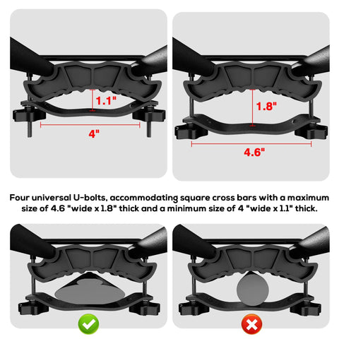 Diagram showing four U-bolts for square crossbars with sizes of 4” to 4.6” wide and 1.1” to 1.8” thick. Beefy Heavy Duty Roof Rack U Bolt Set 2 Pack Mounting Hardware For Roof Rack And Platform Fits Square Bars 4 To 4.6 In Wide 1.1 To 1.8 In Thick Weather Resistant Iron And Plastic Construction.