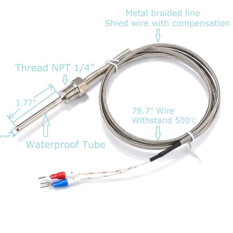 Waterproof K-type grounded thermocouple probe with stainless steel tube, 1/4 in NPT thread, 0–500°C, 2 m shielded lead.