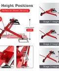 Betisef 500 Lb Hydraulic Mower Lift Jack For Lawn Tractor showing three adjustable height stages and locking mechanisms.