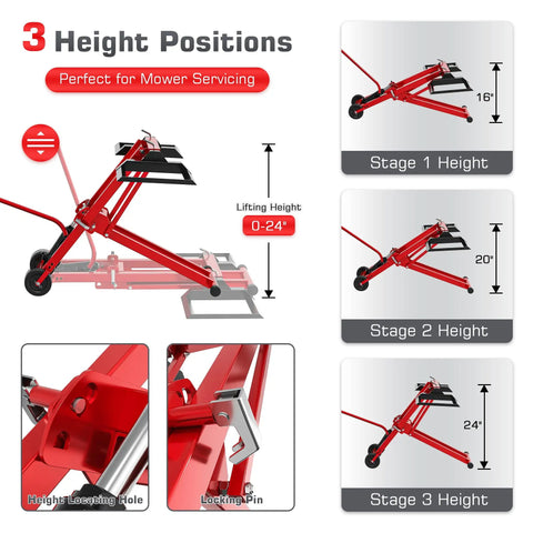 Betisef 500 Lb Hydraulic Mower Lift Jack For Lawn Tractor showing three adjustable height stages and locking mechanisms.