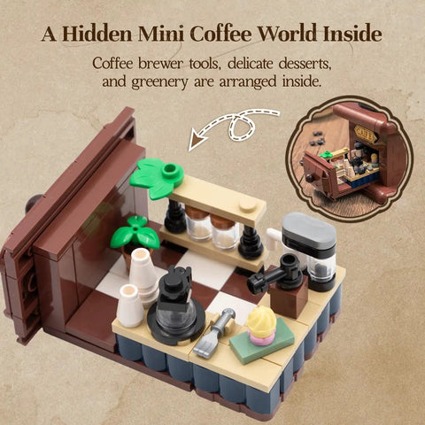 Vintage Hand Crank Coffee Grinder Building Blocks Set With Moving Gears And Hidden Mini Coffee Shop Scene Desk Decor Model Kit