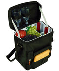 Personalized Monogrammed Wine And Cheese Picnic Basket Cooler With Hardwood Cutting Board Cheese Knife And Corkscrew with grapes and wine.