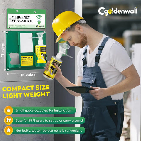 Worker using Upgraded Portable Eye Wash Station OSHA Approved Emergency Eye Wash Kit With Sturdier Bottle Holder And Bigger Mirror.