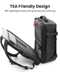 Go-To Travel Backpack 40L with large main compartment and seventeen inch laptop sleeve, open view showing TSA friendly design