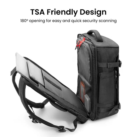 Go-To Travel Backpack 40L with large main compartment and seventeen inch laptop sleeve, open view showing TSA friendly design