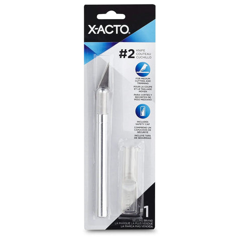 X-ACTO #2 knife with safety cap; silver metal handle for medium cutting and trimming.