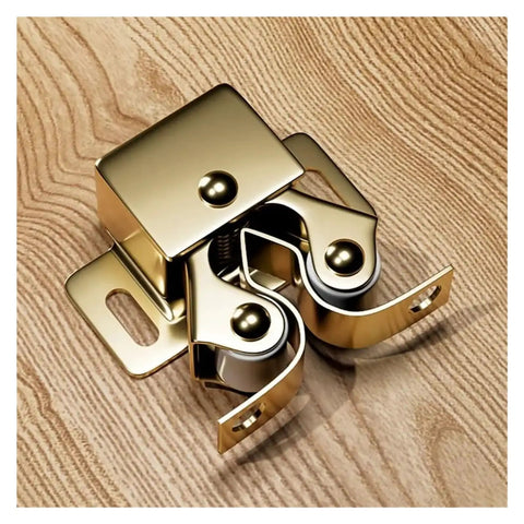 20 Pcs Metal Cabinet Latch For Wardrobe Door With Easy Install Spring Catch To Keep Kitchen Cupboards And Storage Units Locked Tight Secure And Stylishly, close-up of brass latch mechanism.