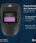Top Tier Auto Darkening Welding Helmet With Hella ClearLight Hd Optics And Adjustable Shade 8 To 13 Settings For Effortless Metalworking And Heavy Shop Grind displayed from the front, highlighting auto on/off features.