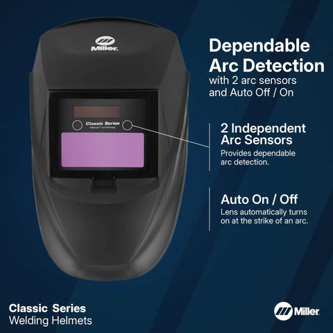 Top Tier Auto Darkening Welding Helmet With Hella ClearLight Hd Optics And Adjustable Shade 8 To 13 Settings For Effortless Metalworking And Heavy Shop Grind displayed from the front, highlighting auto on/off features.