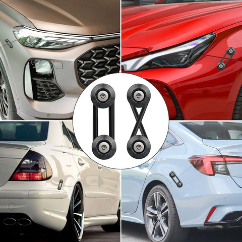 BFXM universal bumper clip kit: 4 black quick-release tabs and 12 O-rings, shown installed on multiple car bumpers.