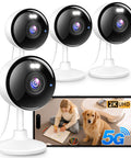 Indoor Outdoor 2K Security Camera With 5G And 2.4G WiFi, showing multiple cameras and smartphone with dog on screen.