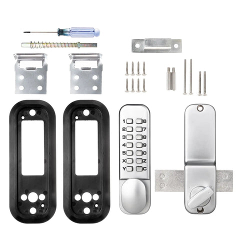 Keyless Combo Door Lock MX250 Surface Mount Deadbolt In Satin Chrome with installation components and tools shown