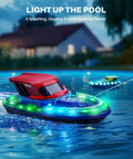 Dual RC Boat Battle Pack For Kids 8 To 12 With LED Lights, 2 Remote Boats And 2 Transmitters, glowing on pool water