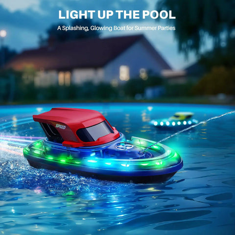 Dual RC Boat Battle Pack For Kids 8 To 12 With LED Lights, 2 Remote Boats And 2 Transmitters, glowing on pool water