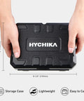 Person holding a lightweight storage case measuring 6" x 8-1/4" for the Badass 19 Piece Hole Saw Kit Packs Heavy Duty Carbon Steel Blades.