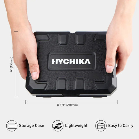 Person holding a lightweight storage case measuring 6" x 8-1/4" for the Badass 19 Piece Hole Saw Kit Packs Heavy Duty Carbon Steel Blades.