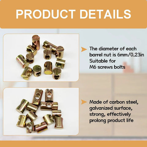 Badass M6 Barrel Nut And Cross Dowel Kit Including Seventy Six Pieces Of Galvanized Steel Hardware For Rock Solid Bed Frames and no mess woodworking jobs that are straight fire and built tough. Close-up of M6 barrel nuts in various orientations.