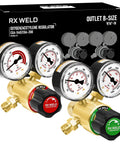 Front view of RX WELD oxygen/acetylene regulator set with PC handle, two brass regulators, gauges, red and green knobs