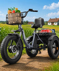 Electric Tricycle For Adults 1200W Peak Power 36V 20Ah Battery 75 Mile Range Large Rear Basket 20 Inch Fat Tire 3 Wheel Folding Ebike Max 20 MPH black tricycle on dirt path