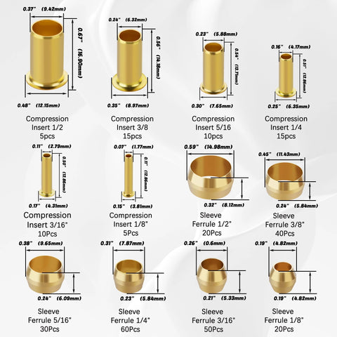 Brass compression fittings kit with inserts and sleeves, 280 pcs, six sizes 1/8–1/2 in for air, water, fuel, oil
