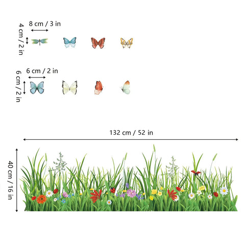 Green Grass Wall Corner Stickers With Flowers And Butterflies, Baseboard Skirting Line Wall Decals for Bedroom, 52in Wide