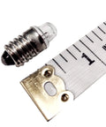 Pack Of 10 E10 Miniature Screw Base Light Bulbs 2.5 Volt 0.3 Amp next to a ruler for size comparison, showcasing the bulb design.