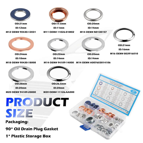 90 Piece Oil Drain Plug Gasket Kit With Crush Washers For M11 M12 M14 M16 M18 M20 Sizes with plastic storage box