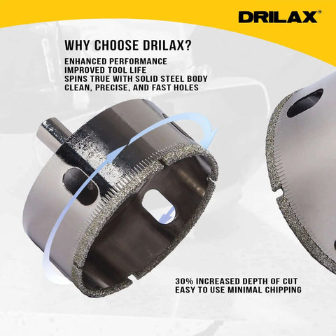 Drilax diamond hole saw, 2-3/4 inch with 1-1/8 inch cut depth and 3/8 inch shank for tile, glass, porcelain.