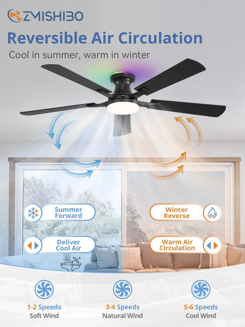 Sleek 52 Inch Smart Ceiling Fan With RGB Smart Lighting And Wifi Voice Control Compatible With Alexa for air circulation.