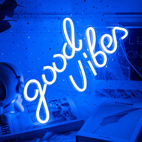 Good Vibes Neon Sign Wall Light for Bedroom Living Room Bar and Party Decor Neon LED Sign glowing in blue with starry backdrop.