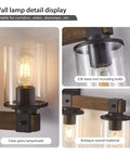 Five Light Farmhouse Vanity Light With Wood And Black Finish showing clear glass lampshade and antique wood material.