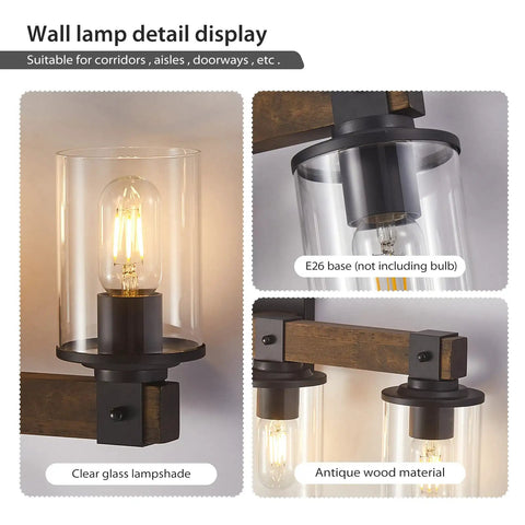 Five Light Farmhouse Vanity Light With Wood And Black Finish showing clear glass lampshade and antique wood material.