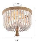 Beaded Flush Mount Ceiling Light With White Wood Beads, Boho Bohemian Farmhouse Style 4 Light Fixture, 12.6in dia, rustic chic