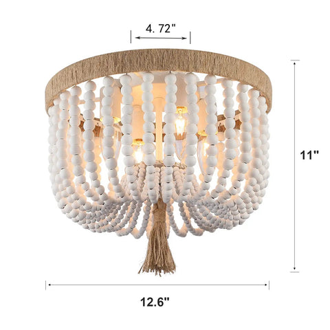Beaded Flush Mount Ceiling Light With White Wood Beads, Boho Bohemian Farmhouse Style 4 Light Fixture, 12.6in dia, rustic chic