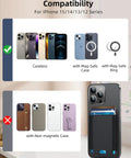 MagSafe Wallet For iPhone 17 Through 12 Series With 7 Card Slots RFID Blocking Vegan Leather Minimalist Slim Design 4200g Magnetic Hold Case Friendly 1 Slot Black shown with compatible and non-compatible cases