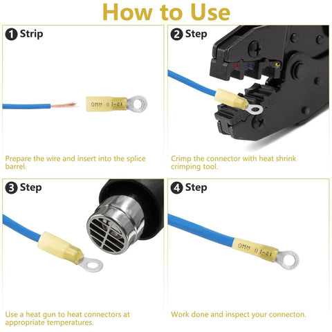 Four-panel instructional diagram for heat-shrink insulated #10 AWG ring terminals showing strip, crimp, heat, install steps.