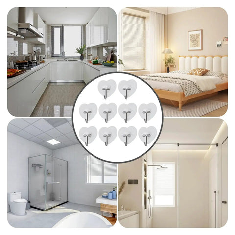 Heavy Duty Adhesive Wall Hooks With Slick Grip in a modern kitchen, bathroom, and bedroom, showcasing a clear transparent look.