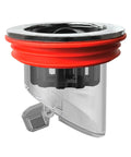 Odor Proof Floor Drain With Anti Odor Shield For Bathrooms And Kitchens Backflow Prevention Odor Dispersion Control Debris Catcher Fits 1.5 To 2 Inch Caliber Rust Resistant ABS And Silicone Magnetic Suspension Tech in clear ABS body with red silicone seal, side view