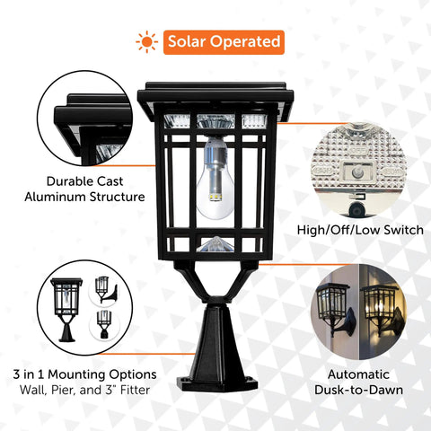 Prairie Solar Outdoor Light Fixture With Wall Pole And Pier Mounts No Wire Setup Black LED Lamp 250 Lumen Warm White Light displayed