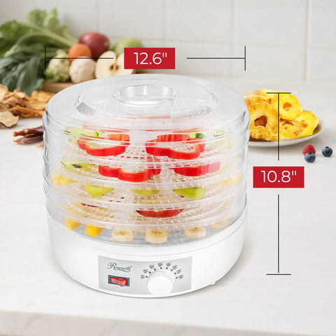 Straight Up Five Tray Food Dehydrator Machine With Adjustable Temperature Dial Horizontal Heat Flow For Preparing Homemade Jerky Fresh Herbs Ripe Fruit Crunchy Veggies Zero Additives Bpa Free White with sliced fruits and veggies on trays.
