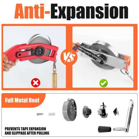 Comparison of gauging tapes with anti-expansion feature, showing Explosion-Proof Oil Tank Gauging Tape With Stainless Steel Sounding Tape And Brass Plumb Bob, Ninety-Eight Feet Length, Waterproof And Rust-Resistant, Built-Tough Laser-Etched Readings For Durable Corrosive-Environment Measurements.