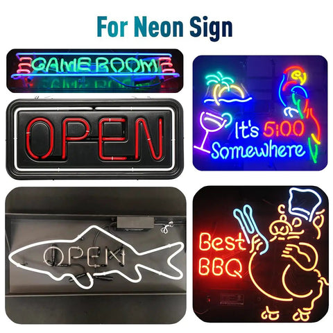 10kV Neon Sign Transformer For Glass Neon Signs And DIY Lichtenberg Wood Burning Projects 120V Input 50 60 Hz 30mA Output Compact Power Supply With On Off Switch For Bars And Glass Art powering various neon sign designs.