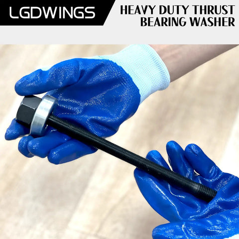 Gloved hands holding a bolt from Long Reach Harmonic Balancer Installer Kit For Ford Crankshaft Pulleys 5 Piece Pulley Puller Set