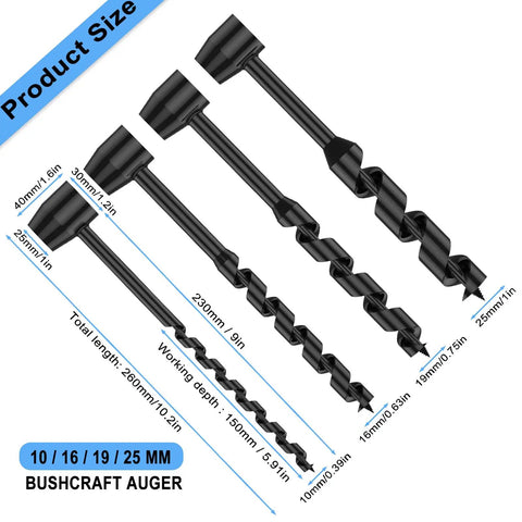 Heavy Duty Hand Auger Wood Drill With Scotch Eye Design for camping and woodworking, showcasing various drill bit sizes
