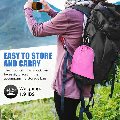 Camping Hammock For All Adventures Heavy Duty Nylon 500 Pound Capacity Portable Lightweight Single Or Double With Tree Straps And Carry Bag Ideal For Camping Backpacking Hiking Travel Beach Outdoor Indoor Blue And Pink easy storage in pink bag