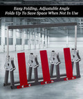 Rugged Pro Grade Wire Spool Rack on wheels, folded for storage in industrial garage.