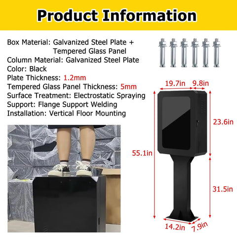 Heavy Duty Metal EV Charging Pedestal Designed For Indoor Or Outdoor Commercial Properties Featuring Secure Mechanical Lock And Key Badass Protection Slick Black Finish, with dimensions and materials displayed.